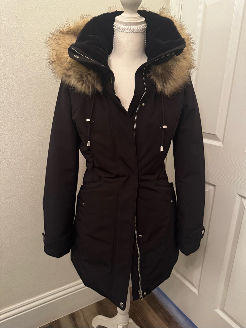 Zara Heavy Black Hooded Parka Coat with Faux-Fur Trim